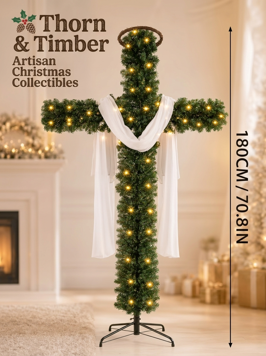 Thorn & Timber lighted cross Christmas tree by the fireplace